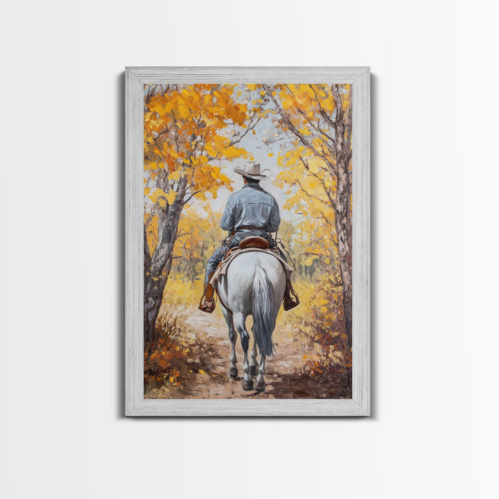 Lone Cowboy Riding Through Red Autumn Trees Framed Canvas Print Vintage Christmas Wall Art Fall Decor Winter Wonderland Seasonal Wall Art