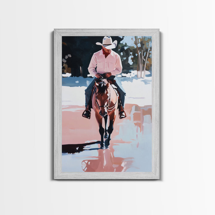 Cowboy Riding Through Snowy Winter Woods Framed Canvas Print Vintage Christmas Wall Art Winter Landscape Decor Landscape Christmas Decor