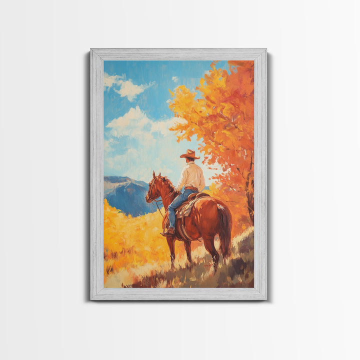 Cowboy in Colorful Autumn Trail Framed Canvas Print Country Christmas Decor Fall Wall Art Vintage Christmas Decor Gift Idea Gallery Wall Art