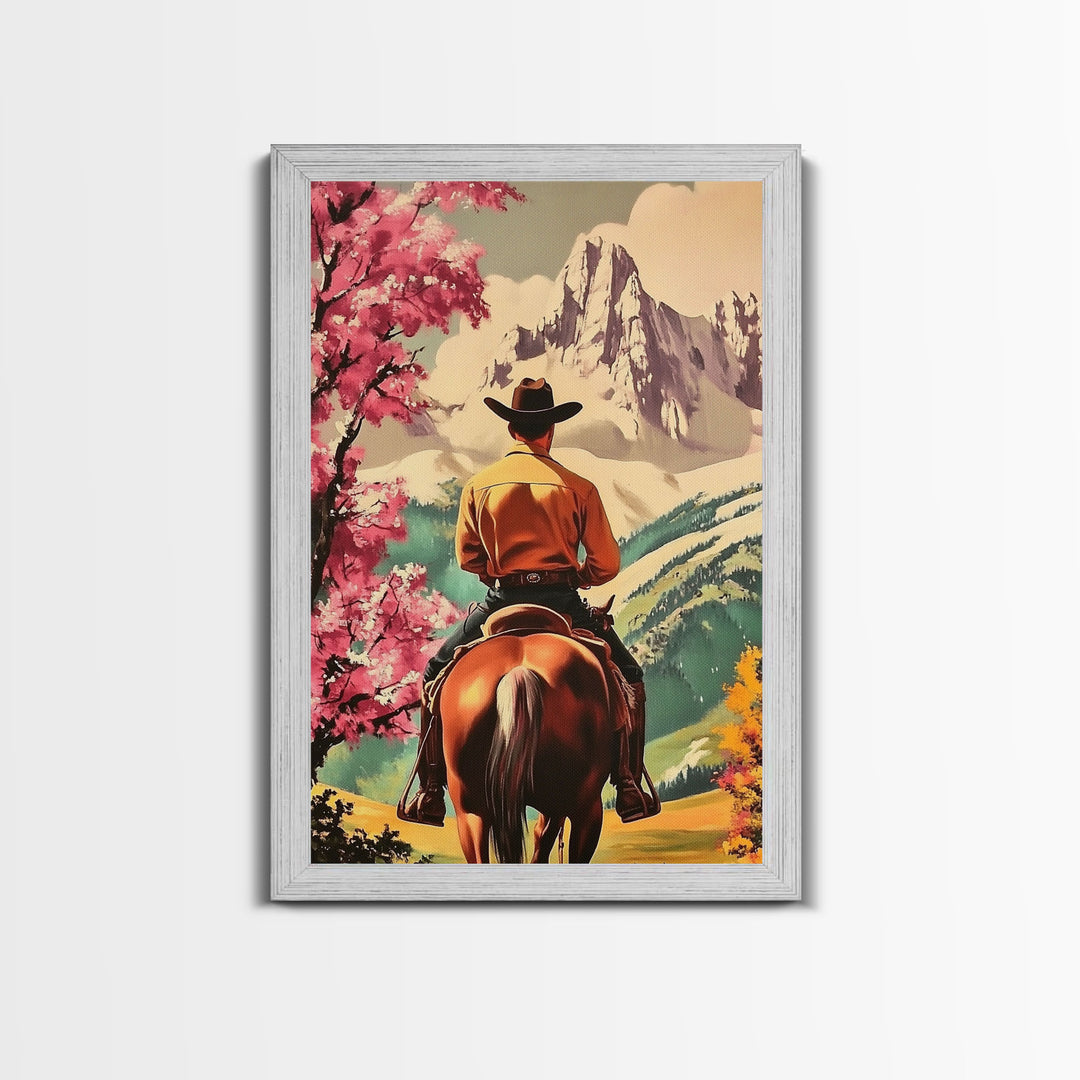 Cowboy Rider in Autumn Field with Mountains Framed Canvas Print Fall Landscape Wall Art Christmas Wall Decor Vintage Christmas Gift Idea