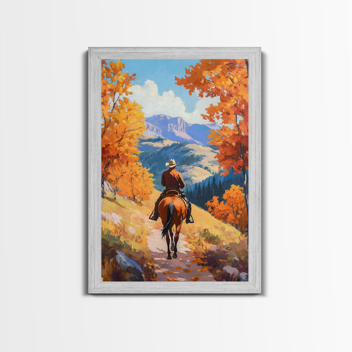 Cowboy Riding Through Autumn Mountains Framed Canvas Print Fall Landscape Art Christmas Decor Seasonal Wall Art Cowboy Christmas Gift Idea