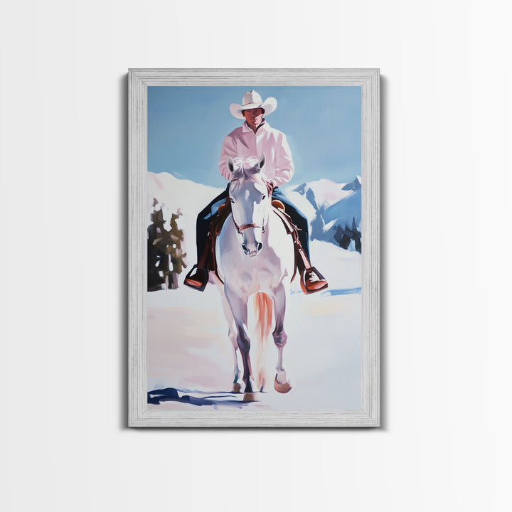 Lone Cowboy on White Horse in Snowy Landscape Canvas Print Winter Christmas Art Seasonal Wall Art Vintage Christmas Moody Landscape Gift