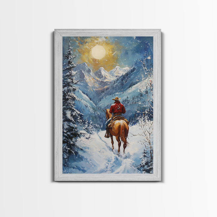 Cowboy in Winter Mountain Scene Canvas Print Christmas Wall Art Vintage Christmas Decor Winter Wonderland Gift Idea Seasonal Wall Art