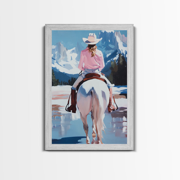 Female Cowboy Riding Through Winter Mountains Framed Canvas Print Christmas Wall Art Winter Wonderland Vintage Christmas Gift Wall Art