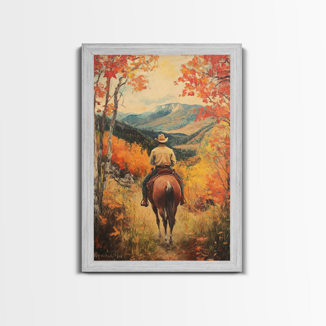 Cowboy in Autumn Landscape Canvas Print Fall Wall Art Vintage Christmas Wall Decor Country Christmas Gift Seasonal Wall Art Fall Decor