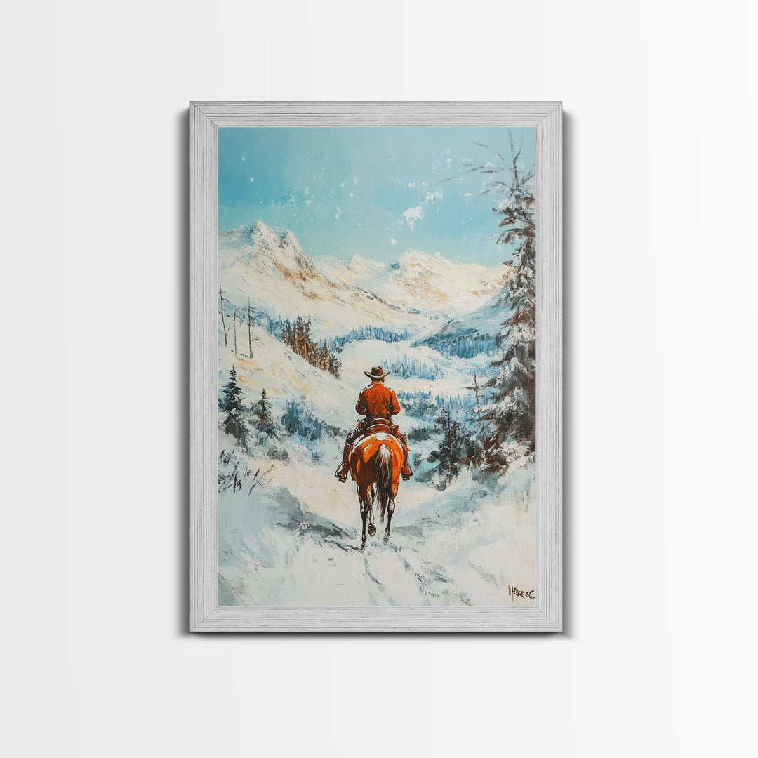 Cowboy Riding Through Snowy Mountains Framed Canvas Print Christmas Wall Art Winter Wonderland Decor Seasonal Wall Art Christmas Gift Idea