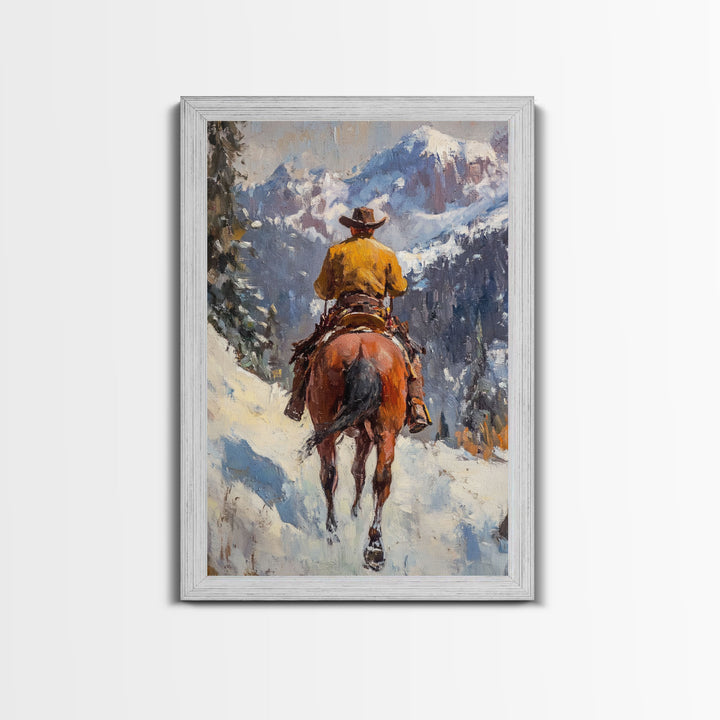 Cowboy on Horseback in Autumn Mountains Canvas Print Fall Wall Art Vintage Christmas Decor Country Christmas Wall Art Gift Idea Seasonal Art