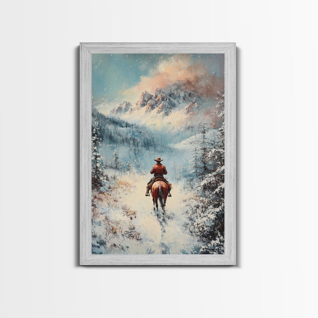 Cowboy in Winter Mountains Framed Canvas Print Christmas Wall Art Winter Wonderland Decor Vintage Christmas Gift Idea Moody Landscape Art