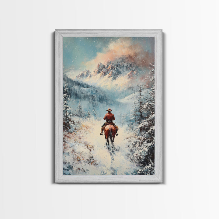 Cowboy in Winter Mountains Framed Canvas Print Christmas Wall Art Winter Wonderland Decor Vintage Christmas Gift Idea Moody Landscape Art