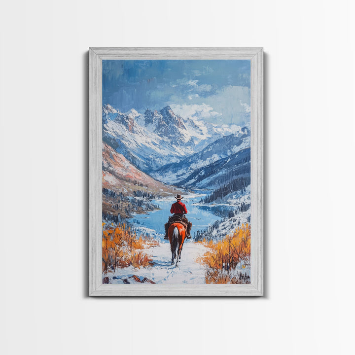 Cowboy in Snowy Mountain Range Canvas Print Winter Wonderland Art Christmas Decor Seasonal Wall Art Vintage Christmas Gift Christmas Decor