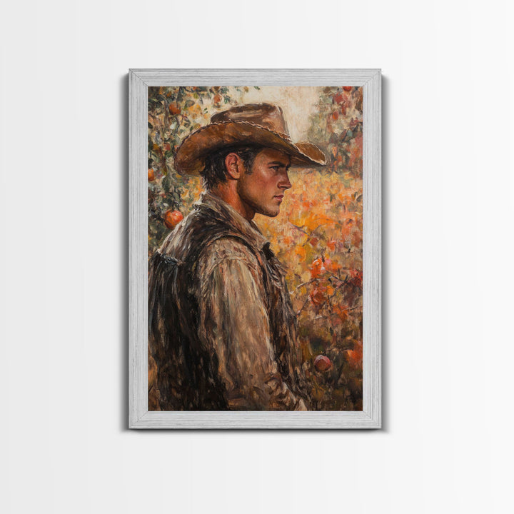 Thoughtful Cowboy in Orchard Canvas Print with Fall Colors, Rustic Western Art, Autumn Decor Gift, Vintage Wall Art, Large Canvas Print