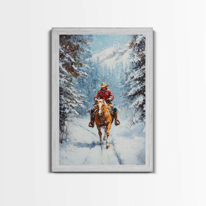 Cowboy Walking Through Snowy Winter Forest Canvas Print, Western Christmas Art Gift, Holiday Wall Decor, Rustic Art, Framed Canvas Print