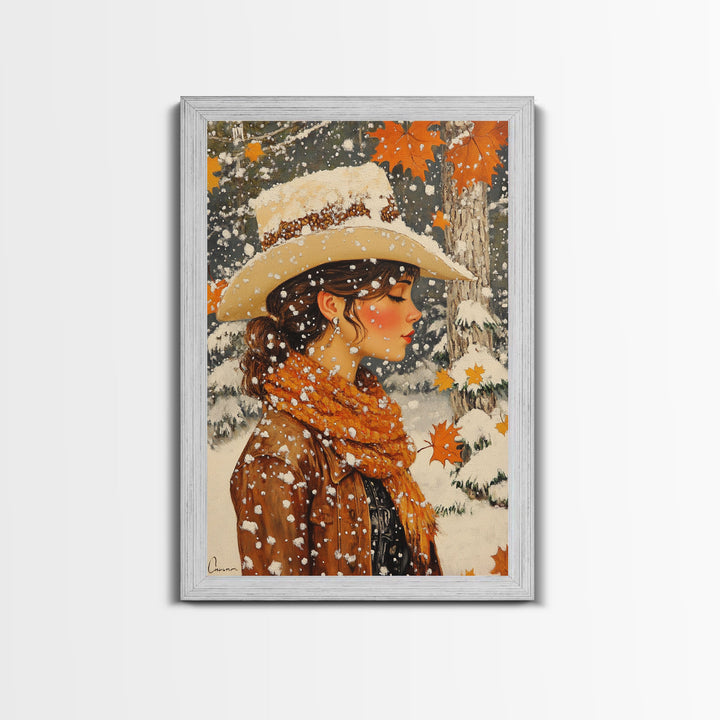 Snowy Cowgirl in Fall Scene Canvas Print, Seasonal Holiday Art, Rustic Christmas Decor, Farmhouse Wall Art, Winter Wonderland Wall Print