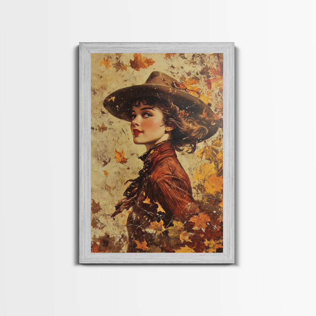 Autumn Cowgirl Portrait Canvas Print, Vintage Fall Wall Art, Farmhouse Decor, Holiday Art, Perfect Home Decor Gift Idea, Framed Canvas Print