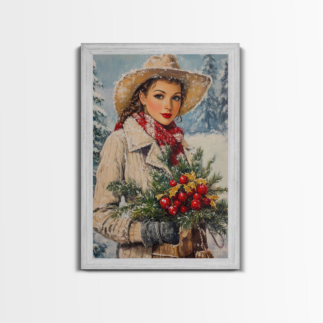 Cozy Christmas framed canvas print woman carrying holiday greenery in snowy winter scene perfect for vintage Christmas home decor