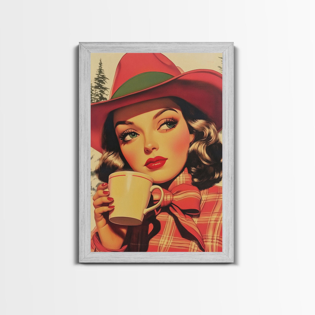 Retro Christmas holiday art framed canvas print a stylish woman with coffee holiday wall art perfect for vintage Christmas home decor