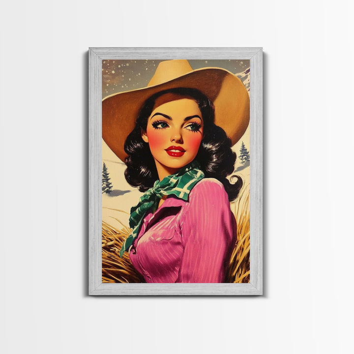 Retro Christmas framed canvas print festive cowgirl in a snowy landscape perfect holiday wall art or vintage Christmas home decor gift idea