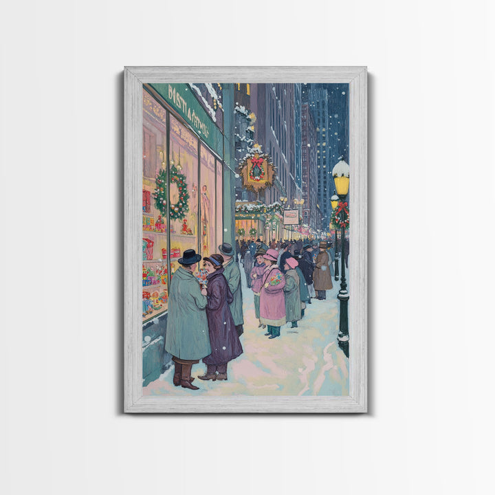 Retro Christmas Shoppers Admiring Store Window Displays in Snowy City Street, Perfect for Vintage Christmas Wall Art, Framed Canvas Print