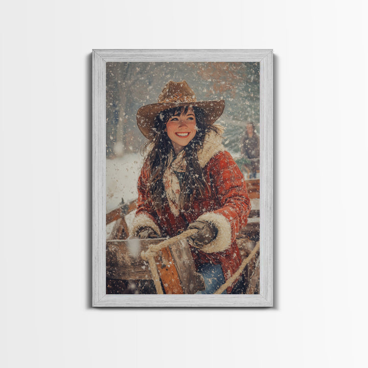 Country Christmas framed canvas print cheerful woman enjoying a snowy ride perfect seasonal wall art or vintage holiday home decor idea