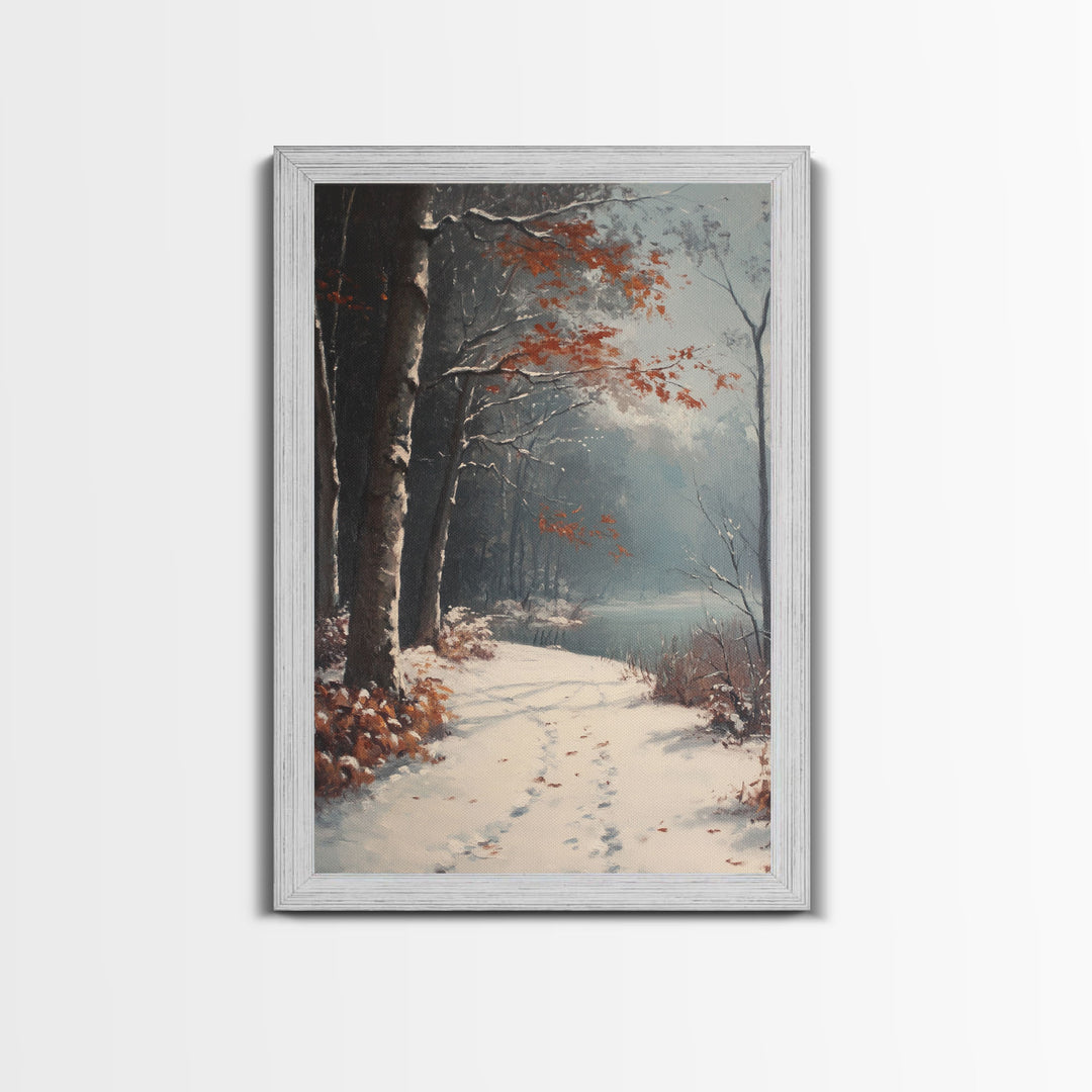 Framed Canvas Print of a Snowy Path with Trees and Red Leaves, Winter Wall Art, Moody Landscape, Best Gift Idea, Modern Christmas Decor
