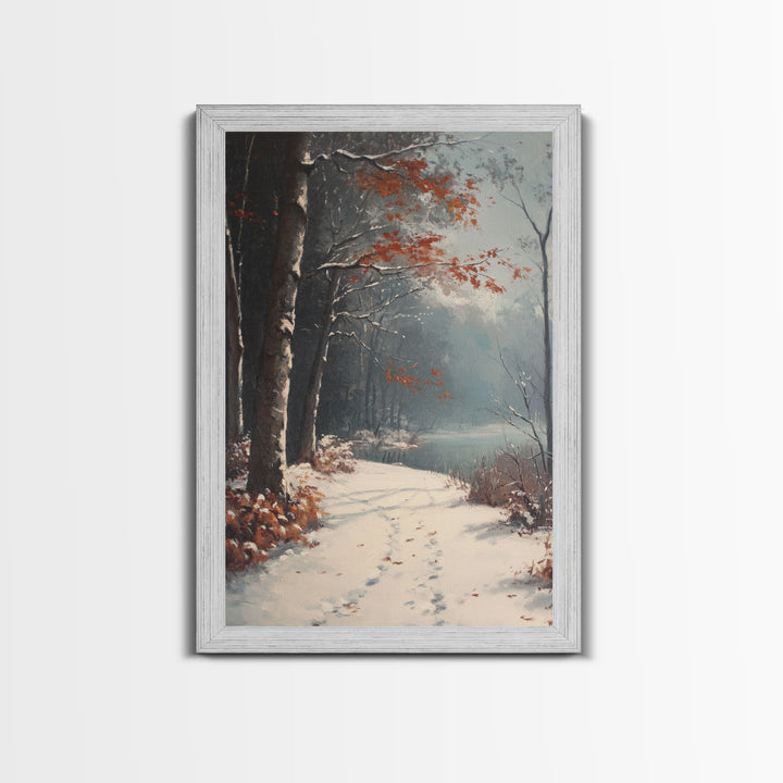 Framed Canvas Print of a Snowy Path with Trees and Red Leaves, Winter Wall Art, Moody Landscape, Best Gift Idea, Modern Christmas Decor