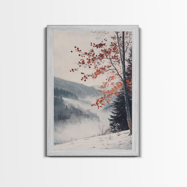 Canvas Print of Snowy Mountain Trees Red Leaves, Winter Wonderland Wall Art, Best Gift Idea, Moody Landscape, Rustic Christmas Decor