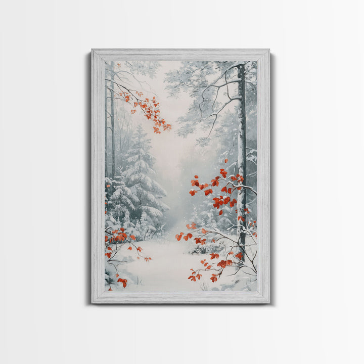 Canvas Print of Winter Wonderland with Red Leaves in Snow, Winter Wall Art, Best Gift Idea, Moody Landscape, Christmas Home Decor