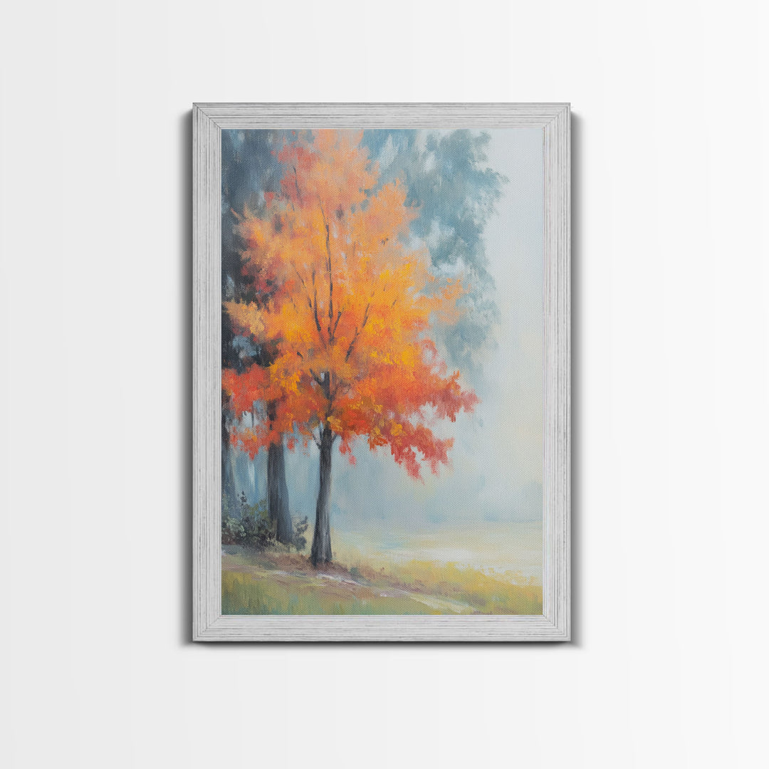 Canvas Print of Vibrant Autumn Tree in Misty Background, Seasonal Wall Art, Fall Decor, Best Gift Idea, Modern Farmhouse Landscape Art
