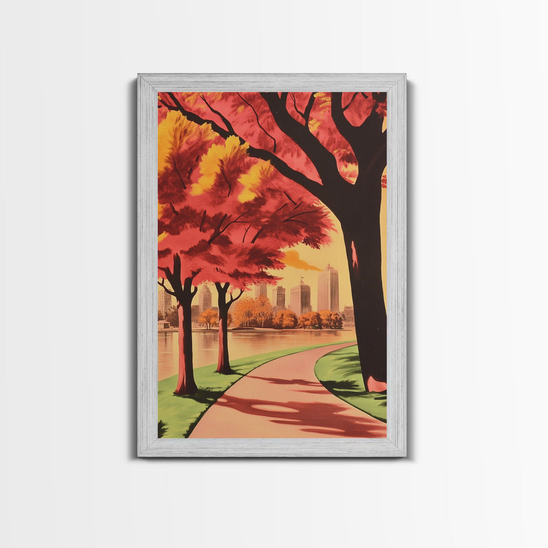 Canvas Print of City Park with Autumn Trees and Path, Seasonal Wall Art, Modern Farmhouse Decor, Best Gift Idea, Fall Cityscape Art