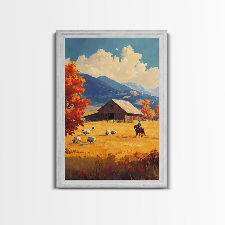 Cowboy Herding Cattle Framed Canvas Print Rustic Autumn Landscape With Barn And Vibrant Fall Colors Perfect Country Christmas Decor Art