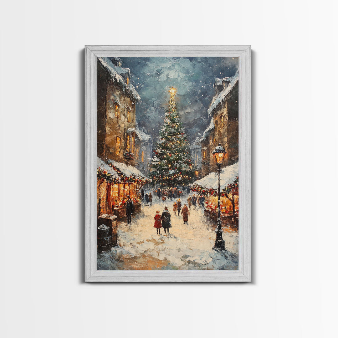 Christmas Market Scene With Tree And Snow Framed Canvas Print Vintage Holiday Village Scene Perfect For Christmas Wall Art And Holiday Decor