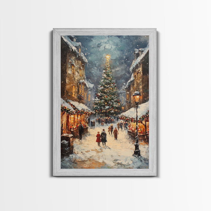 Christmas Market Scene With Tree And Snow Framed Canvas Print Vintage Holiday Village Scene Perfect For Christmas Wall Art And Holiday Decor