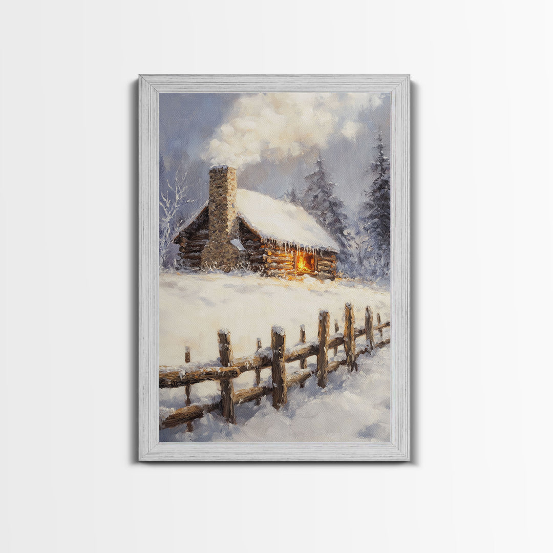 Rustic Cabin In Snow Framed Canvas Print Wall Art Christmas Home Decor, Winter Landscape Art, Cozy Winter Cabin Scene