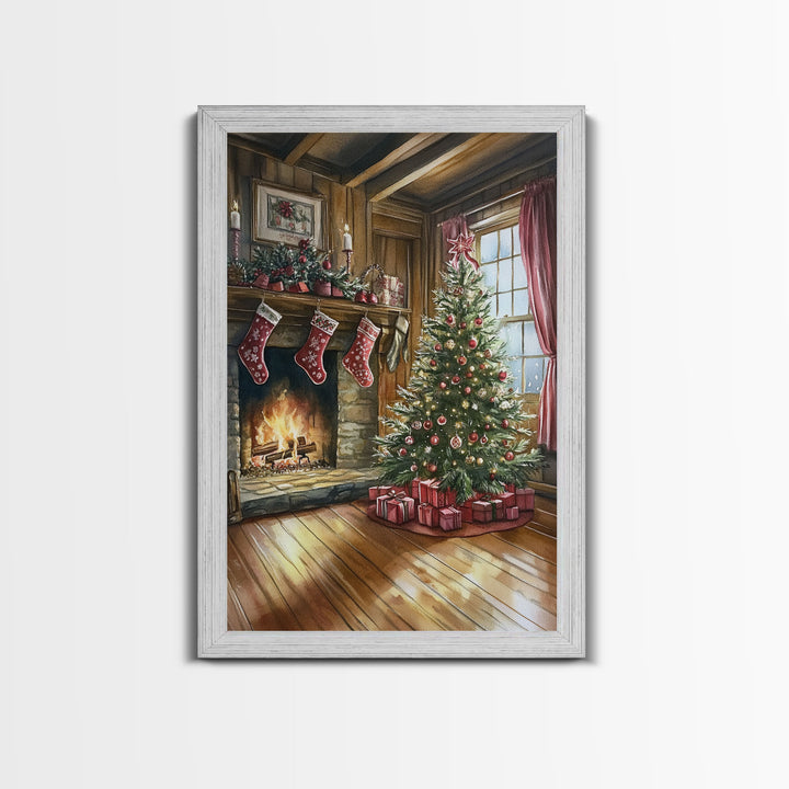 Cozy farmhouse Christmas interior Framed Canvas Print with tree stockings and fireplace, warm holiday art rustic Christmas decor mantle