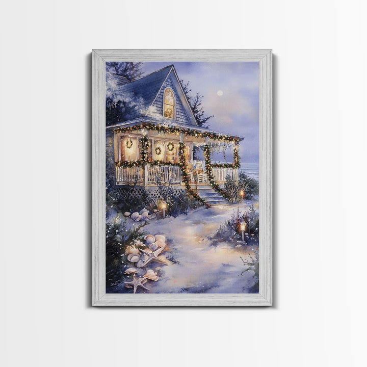 Charming beachfront cottage Christmas lights with wreaths Framed Canvas Print, beach house holiday wall art coastal Christmas decor