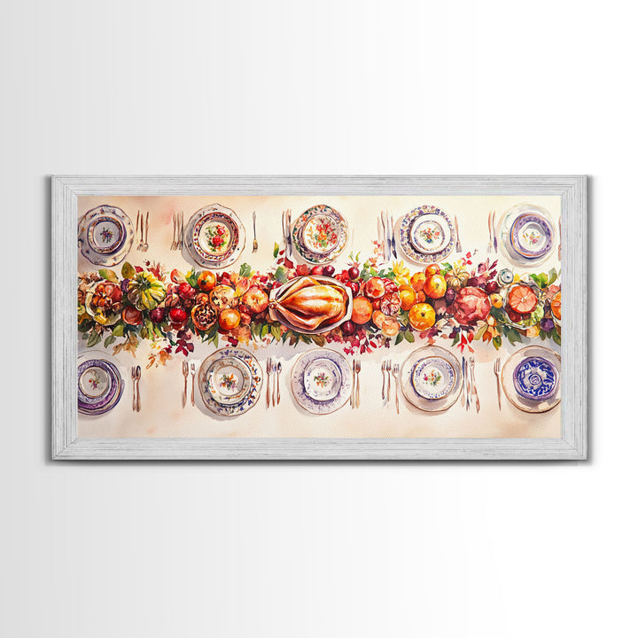 Festive Thanksgiving dinner table setting with colorful centerpiece, framed canvas print perfect autumn holiday decor wall art