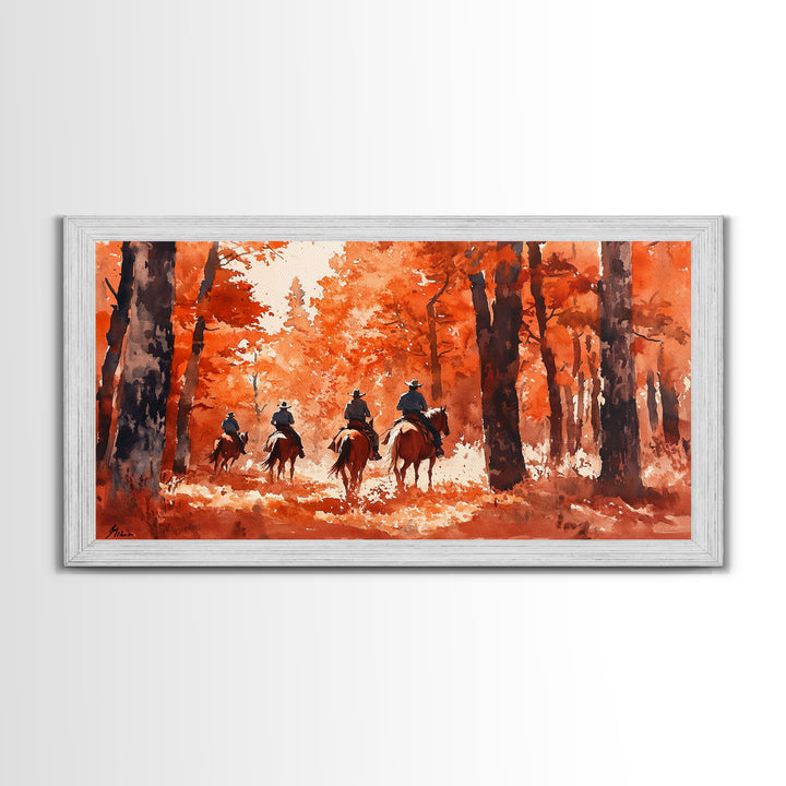 Framed Canvas Print Fall Forest Riders in Autumn Colors, Rustic Cowboy Wall Art, Perfect Fall Decor and Seasonal Home Art