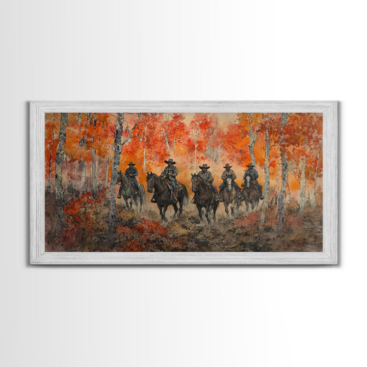 Framed Canvas Print Horseback Riders in Rustic Fall Forest, Cowboy Theme Wall Art, Autumn Home Decor, and Seasonal Canvas Wall Print