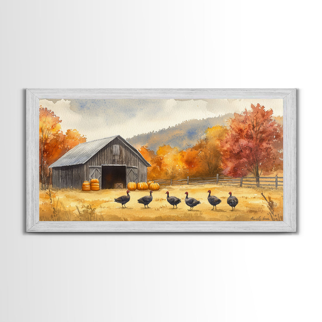 Framed Canvas Print Rustic Barn with Pumpkins and Turkeys, Perfect Autumn Farmhouse Decor, Fall Wall Art, Country Autumn Scene