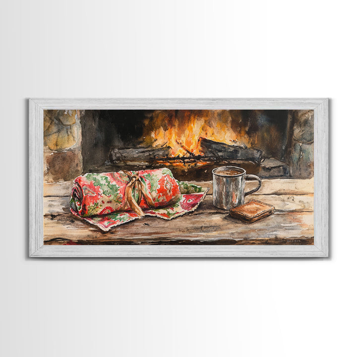 Canvas Print Cozy Fireplace with Christmas Blanket and Mug, Rustic Christmas Decor, Holiday Home Art, Warm Christmas Wall Art