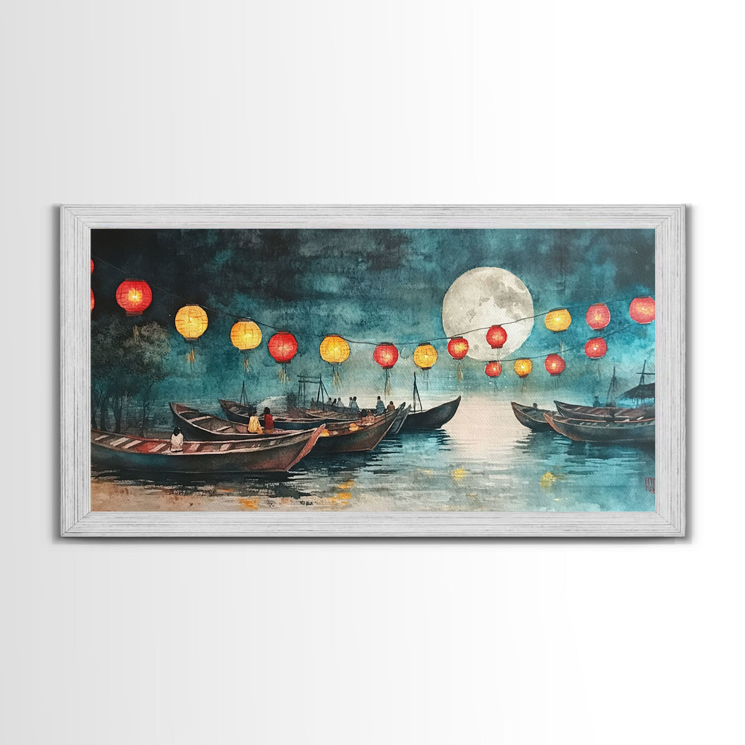 Framed Canvas Print Full Moon Lanterns on Boats, Dreamy Night Scene, Watercolor Christmas Art, Unique Holiday Decor, Coastal Christmas