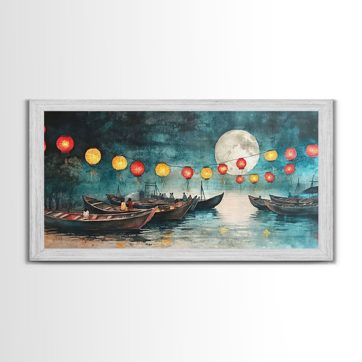 Framed Canvas Print Full Moon Lanterns on Boats, Dreamy Night Scene, Watercolor Christmas Art, Unique Holiday Decor, Coastal Christmas