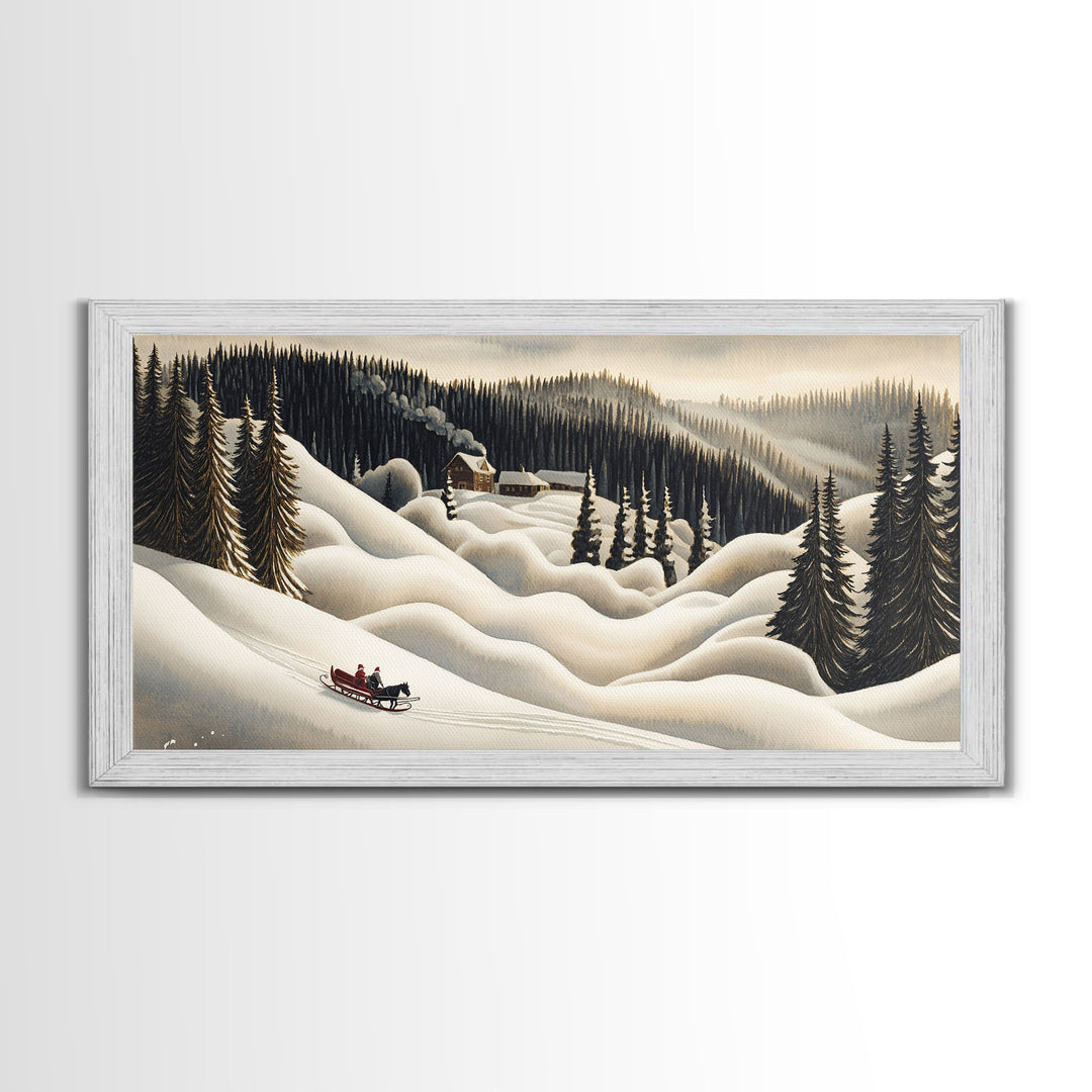 Framed Canvas Print Snowy Mountain Sleigh Ride, Winter Wonderland Wall Art, Christmas Home Decor, Vintage Holiday Scene