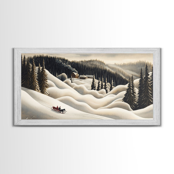 Framed Canvas Print Snowy Mountain Sleigh Ride, Winter Wonderland Wall Art, Christmas Home Decor, Vintage Holiday Scene