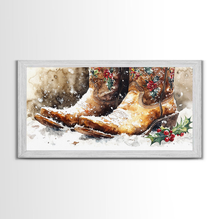 Rustic Cowboy Boots with Holly Framed Canvas Print Christmas Decor Western Holiday Wall Art Vintage Christmas Art Gift Idea 2024