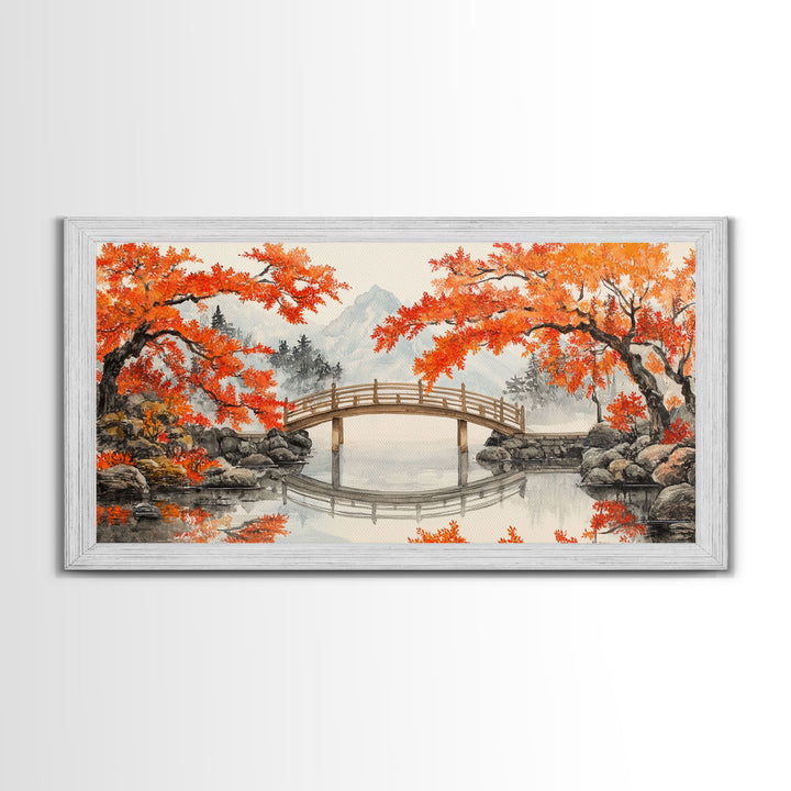 Japanese Bridge in Autumn Framed Canvas Print Fall Landscape Art Nature Wall Decor Seasonal Holiday Art Rustic Country Gift Idea 2024