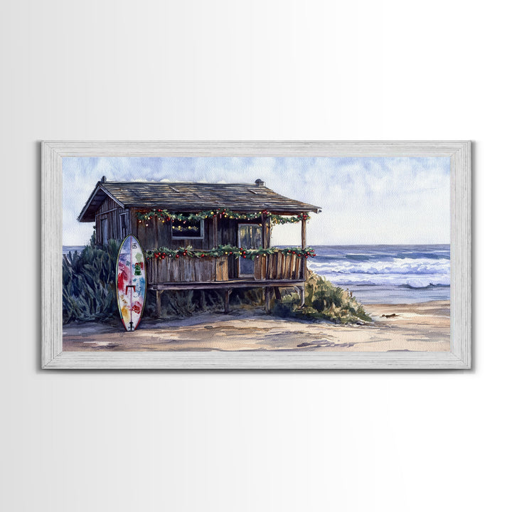 Christmas beach art Framed Canvas Print tropical Christmas decor holiday wall art Christmas vacation gift idea vintage Christmas wall art