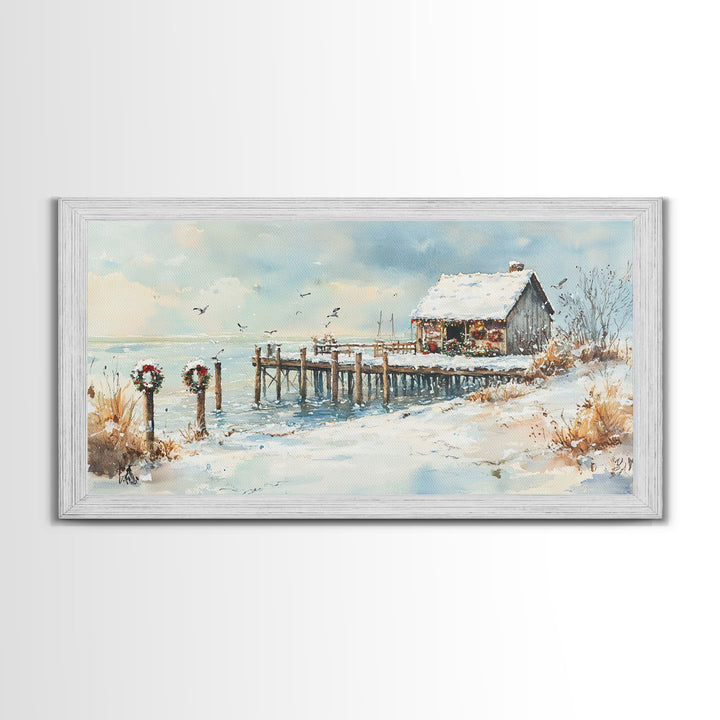 Farmhouse Christmas decor Framed Canvas Print rustic cabin snowy dock Christmas scene Christmas outdoor decor vintage holiday wall art