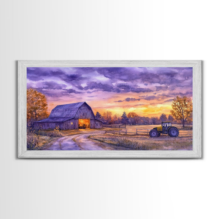 Farmhouse autumn decor Framed Canvas Print evening barn scene with tractor warm fall colors gift idea autumn seasonal wall art rustic decor