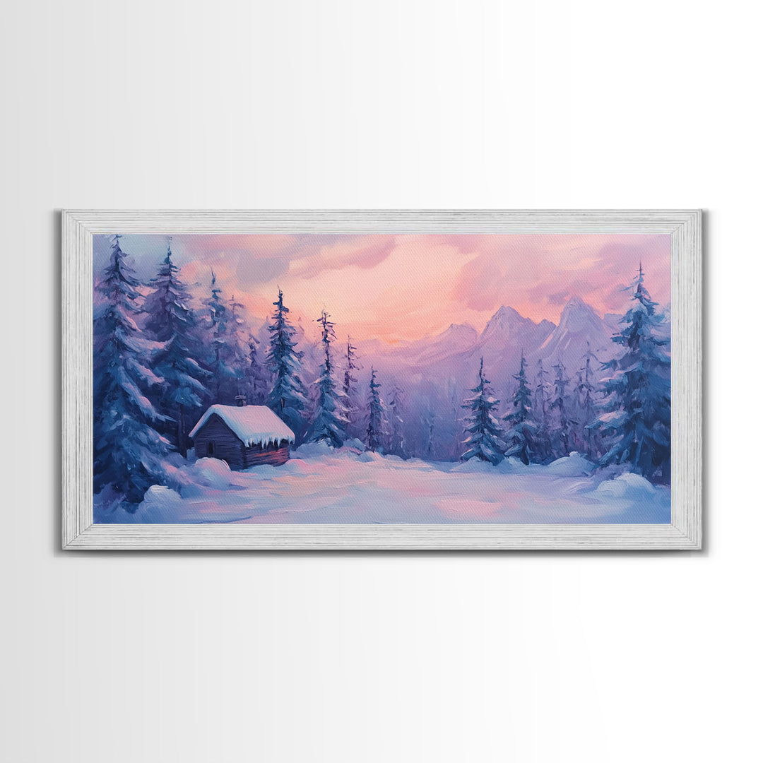 Cozy Cabin Surrounded By Winter Trees Tall Art Framed Canvas Print Serene Snowy Forest Cabin Landscape With Warm Interior Lights